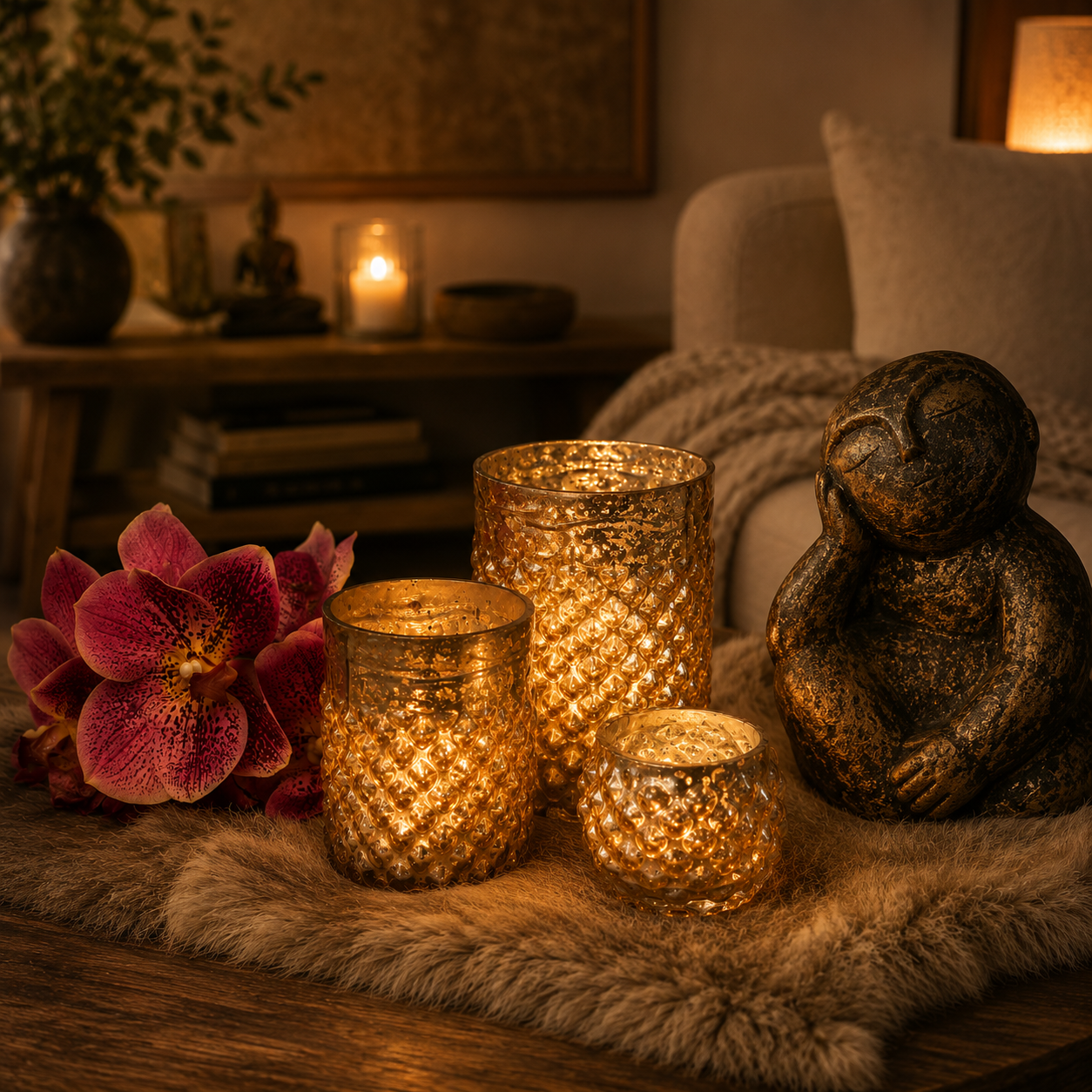 SENSE Ribbelglas Waxinelichthouder Amber Goud