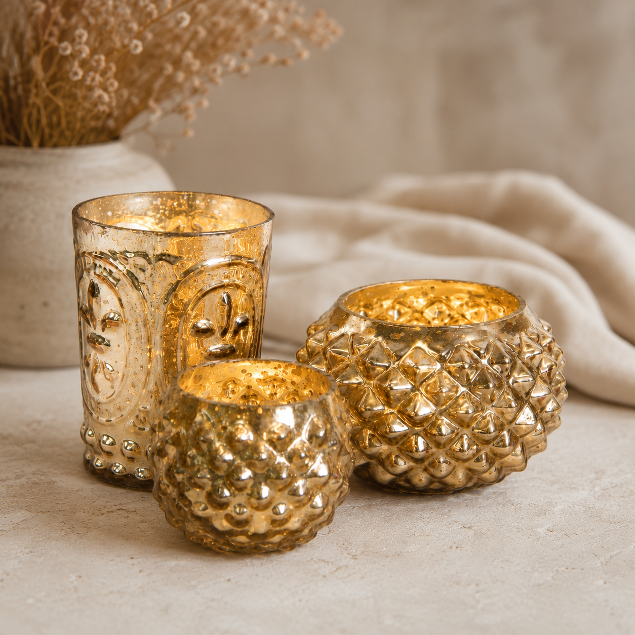 SENSE Bol Hobnail Waxinelichthouder Amber Goud