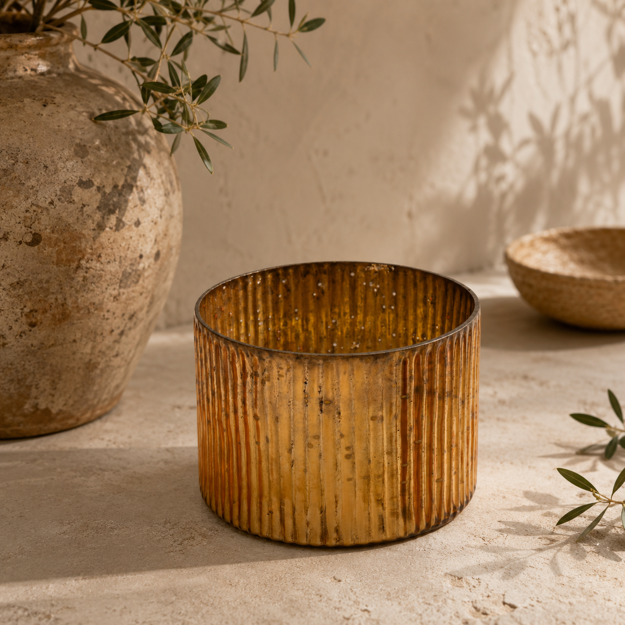 SENSE Ribbelglas Waxinelichthouder Amber Goud