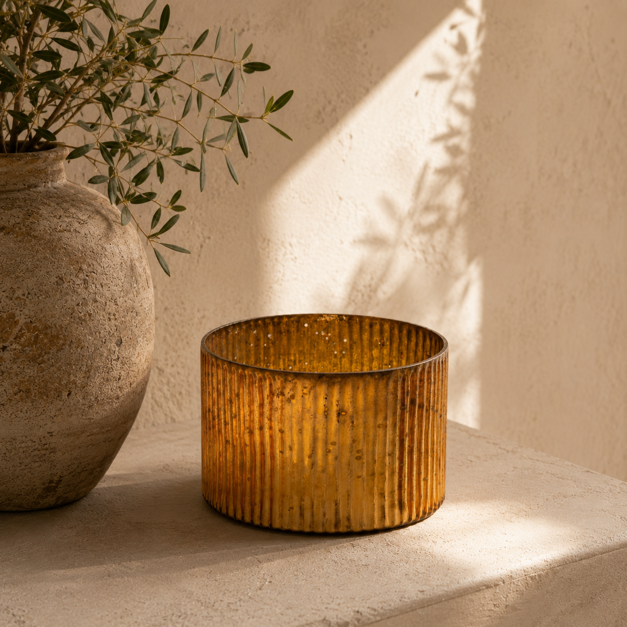SENSE Ribbelglas Waxinelichthouder Amber Goud