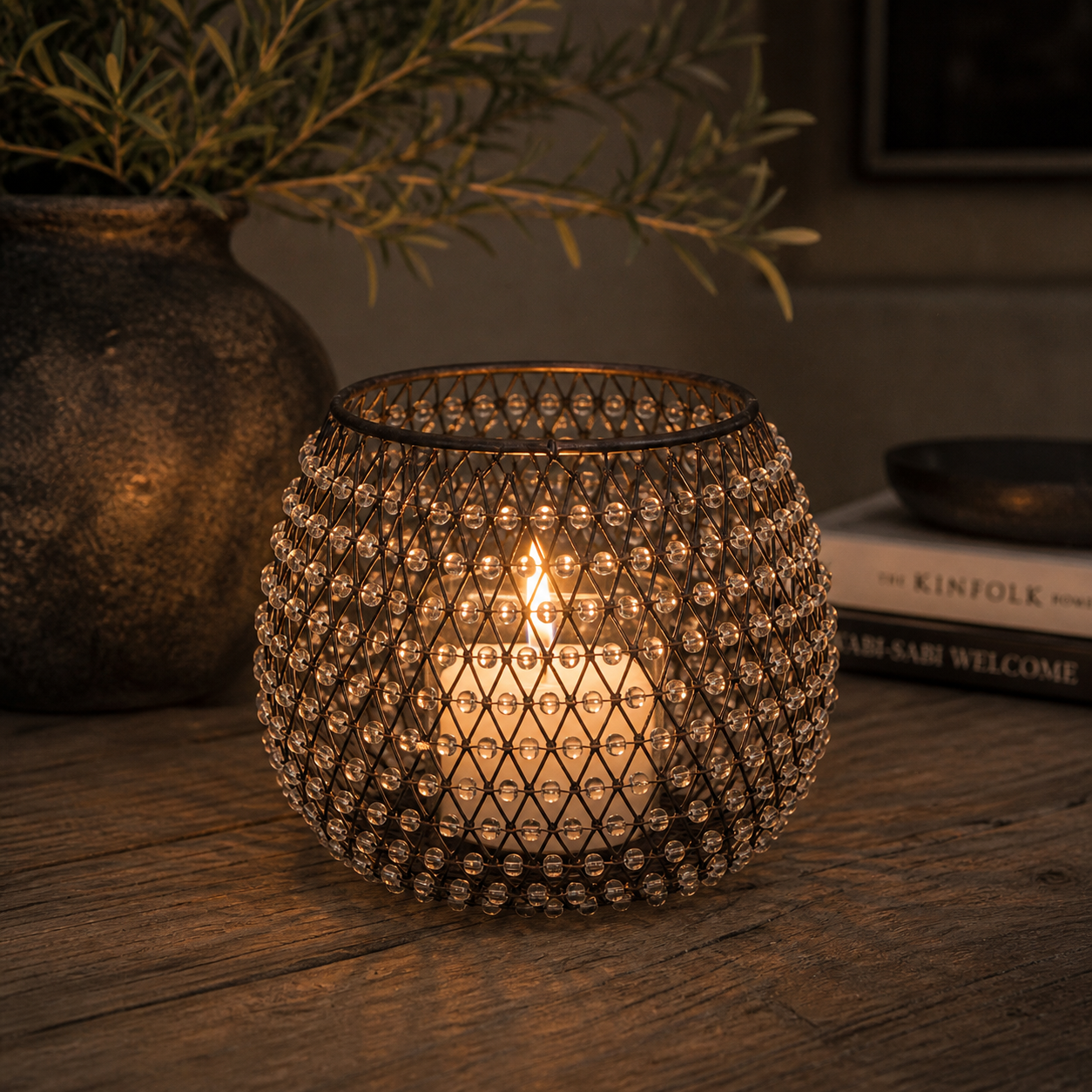 SENSE Windlicht Metaal Glas Kralen