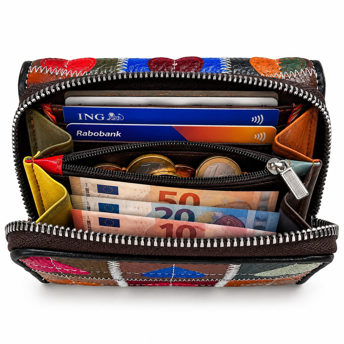 SENSE Leren Dames Portemonnee – Hartjes Patchwork – Multicolor