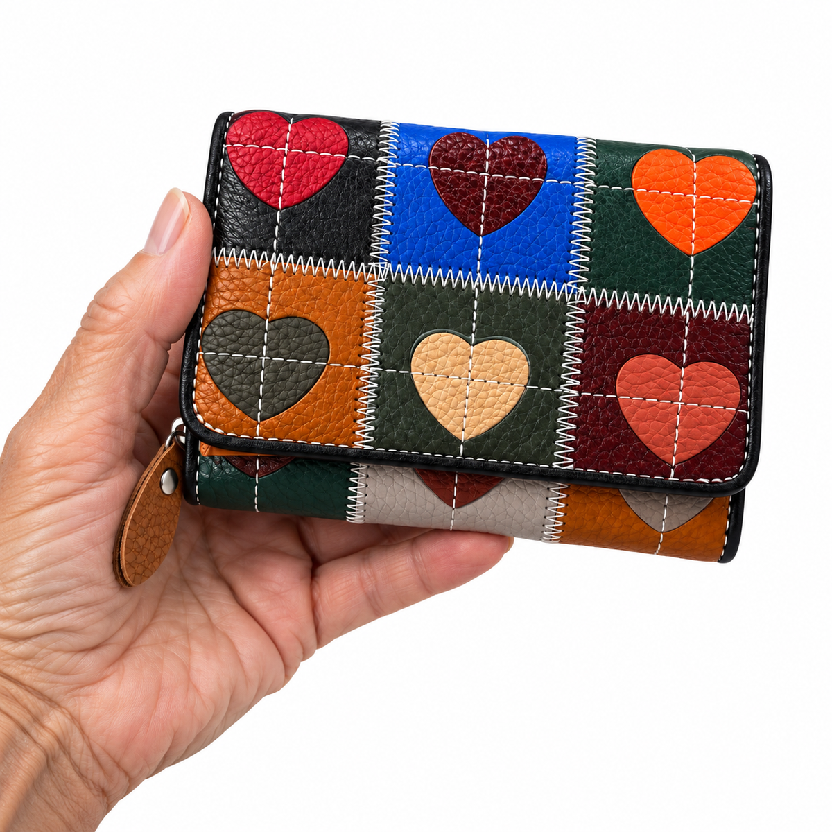 SENSE Leren Dames Portemonnee – Hartjes Patchwork – Multicolor